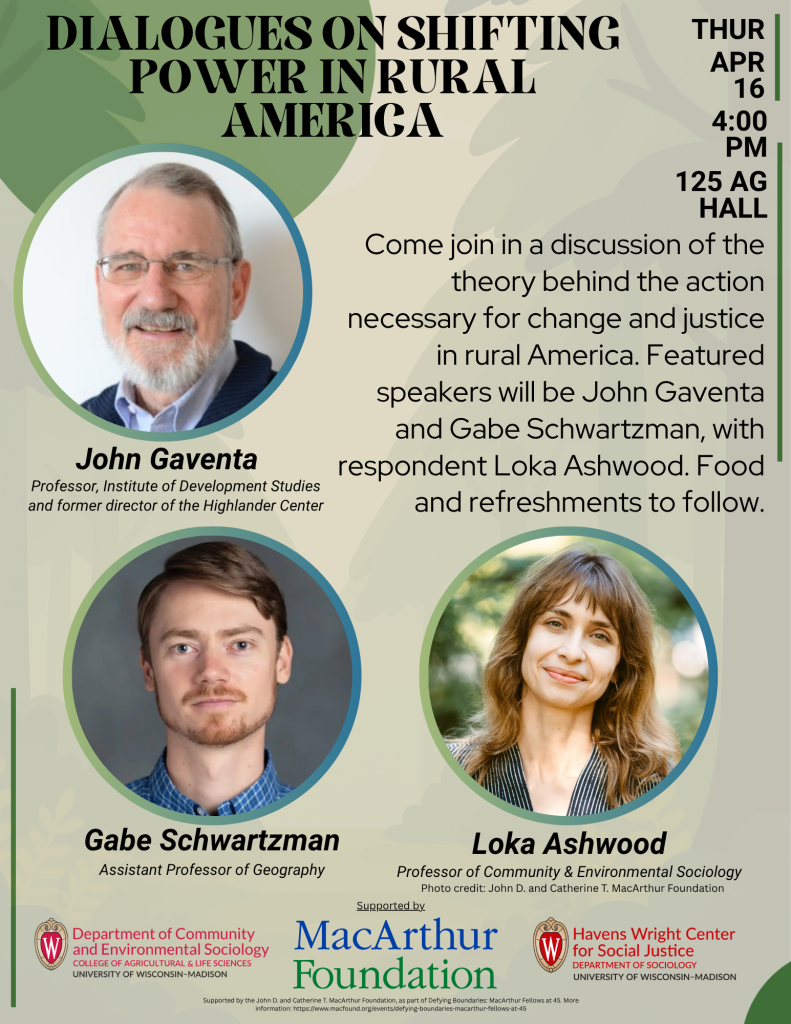 2026 Haller Lecture: April 16th, 2026 at 4:00 in 125 Ag Hall. Images of the speakers and respondent on the flyer with a tan and green background.